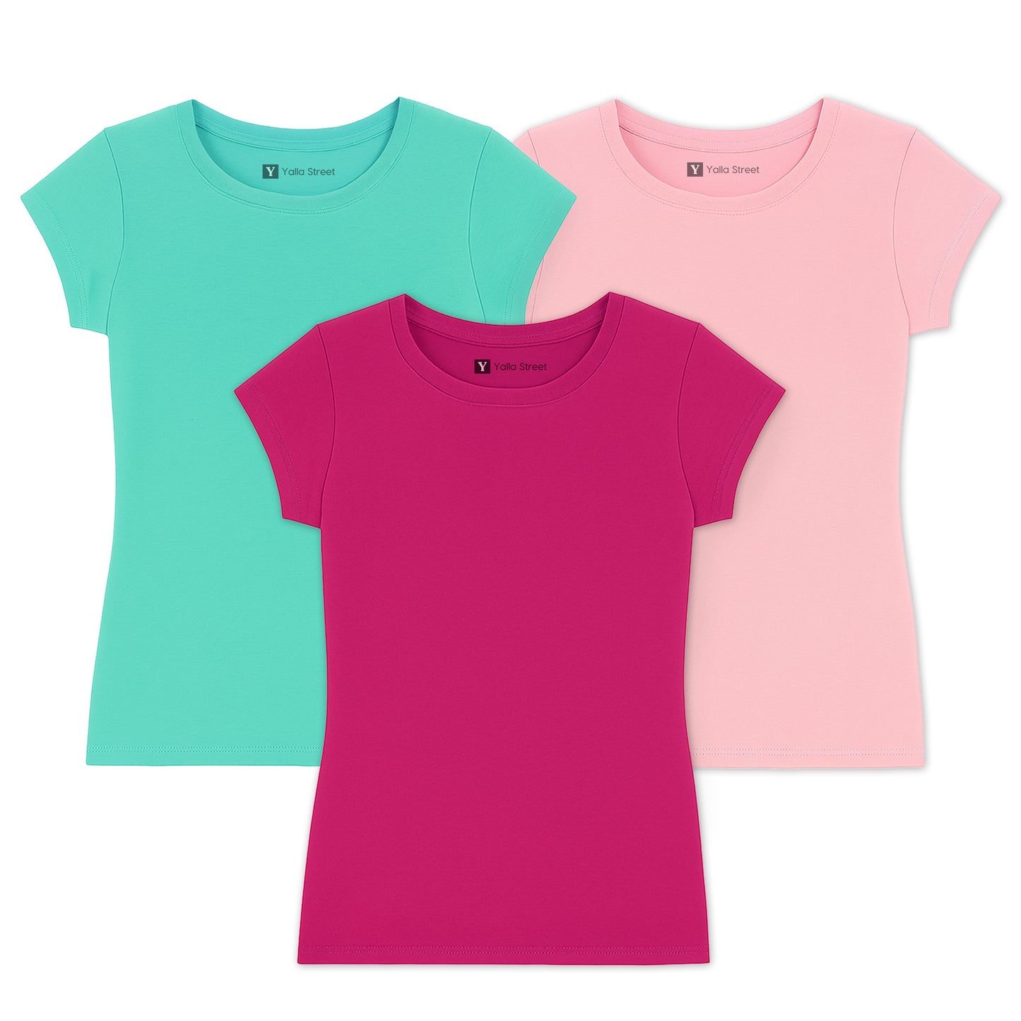Women’s Plain Cotton T-Shirt Pack of 3 – Aqua, Pink & Magenta| Soft Slim Fit Ladies Basic Crew Neck Tee Set