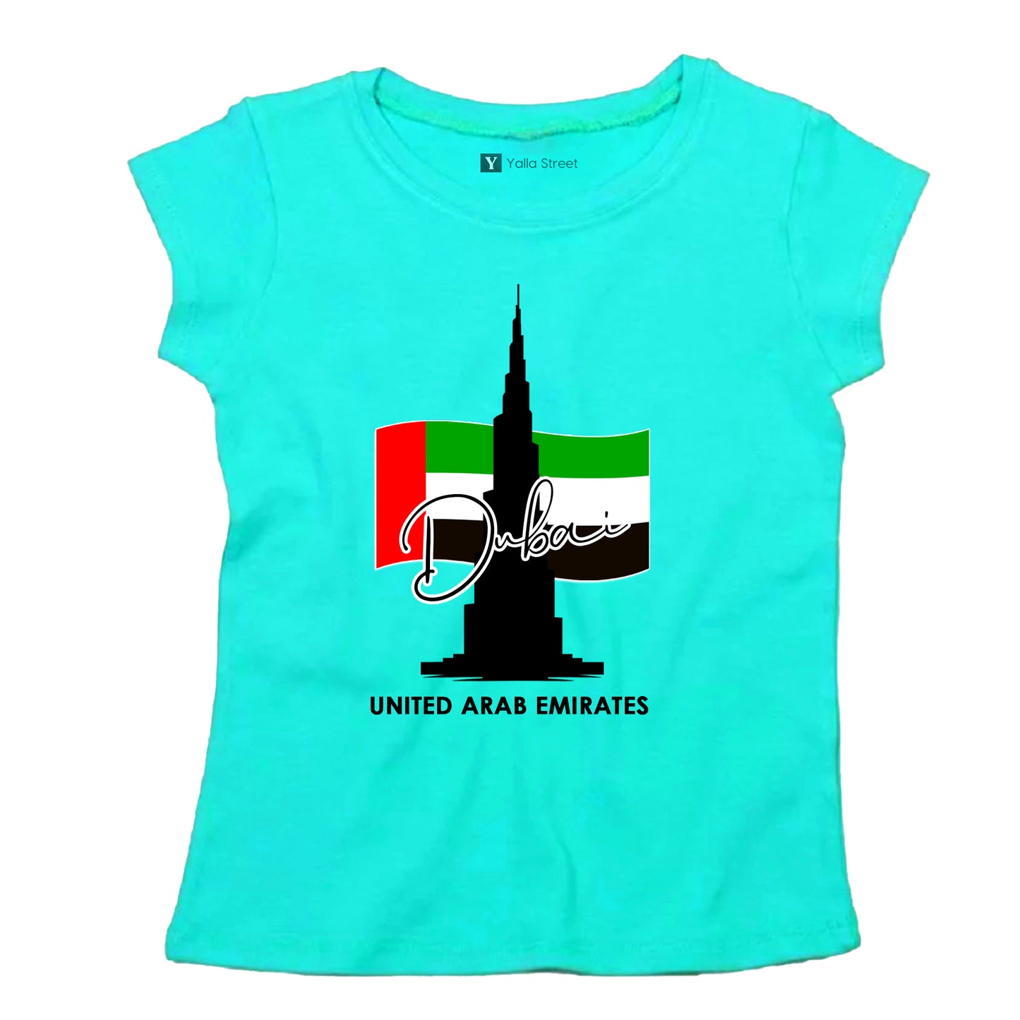 “Dubai Skyline & UAE Flag” Women’s T-Shirt – Burj Khalifa Graphic 100% Cotton