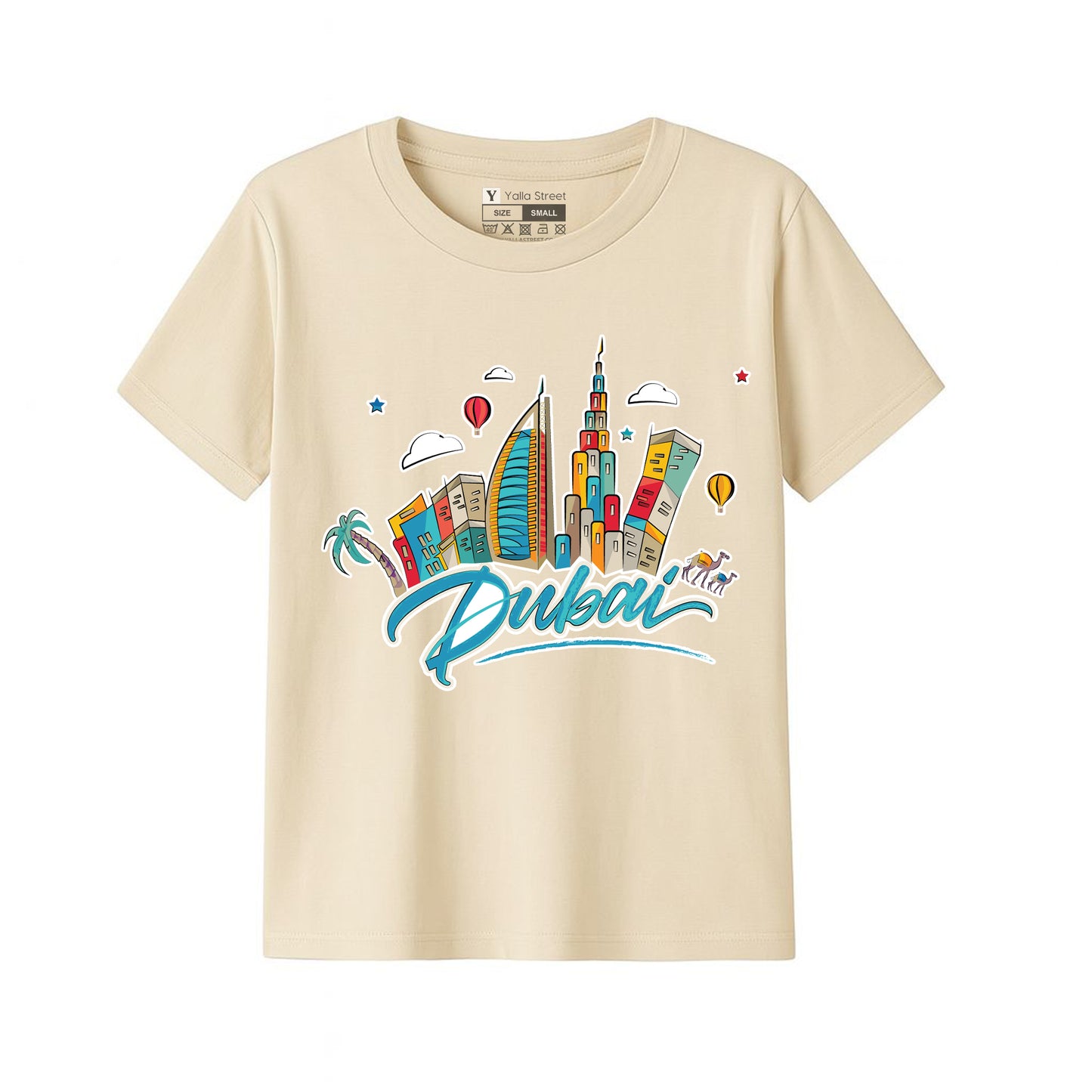Dubai Cartoon Skyline Kids T-Shirt – Colorful City Graphic Tee Travel Souvenir