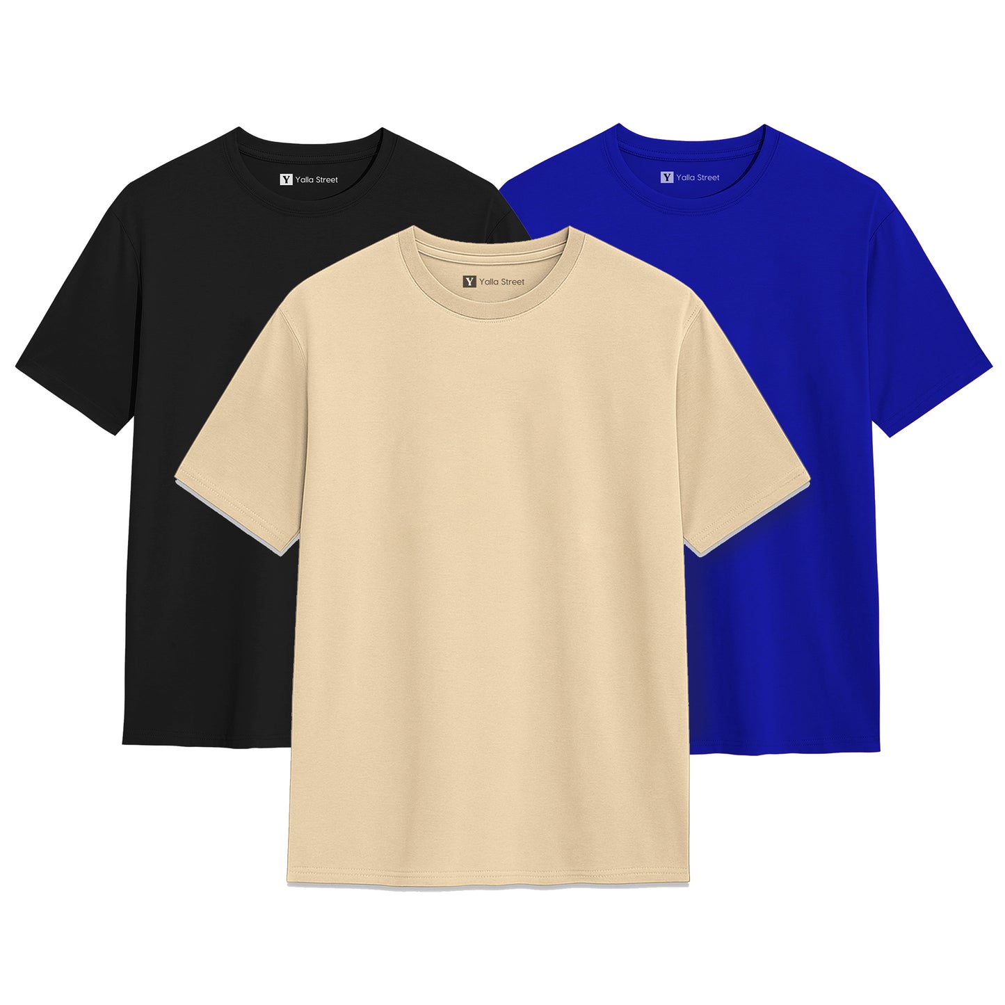 Pack of 3 Plain Cotton T-Shirts – Men's Black, Blue, Beige Premium Tee
