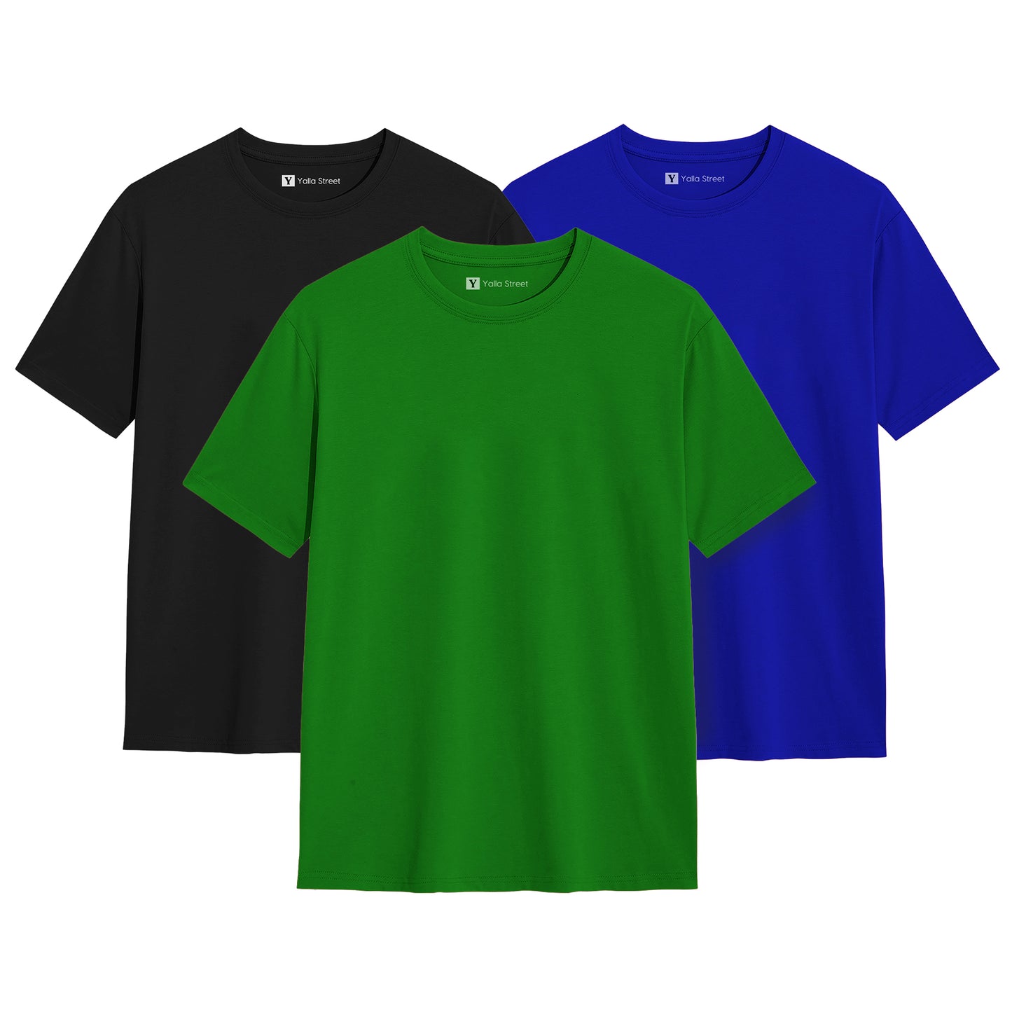 Pack of 3 Plain Cotton T-Shirts – Men's Black, Blue, Green Premium Tee