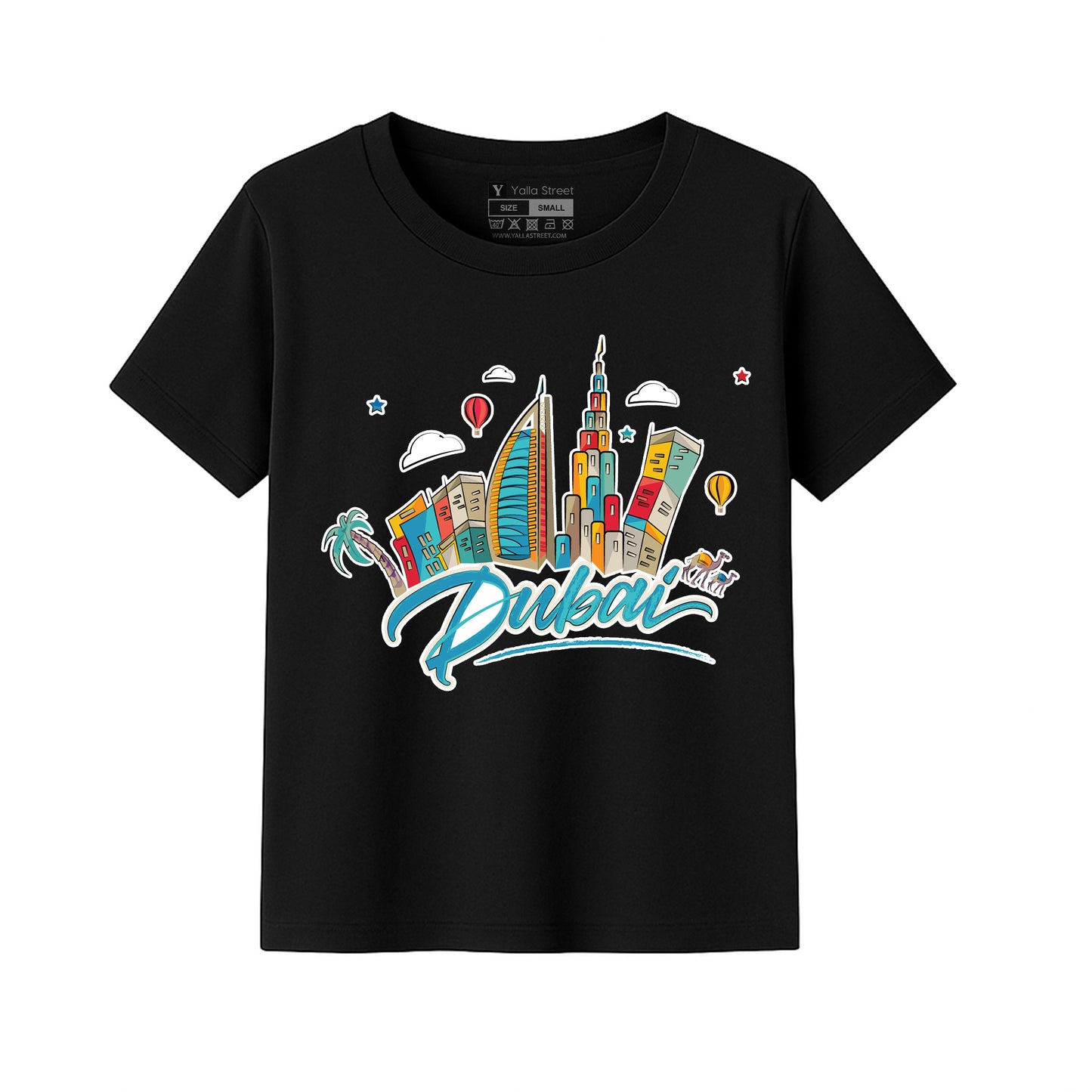 Dubai Cartoon Skyline Kids T-Shirt – Colorful City Graphic Tee Travel Souvenir