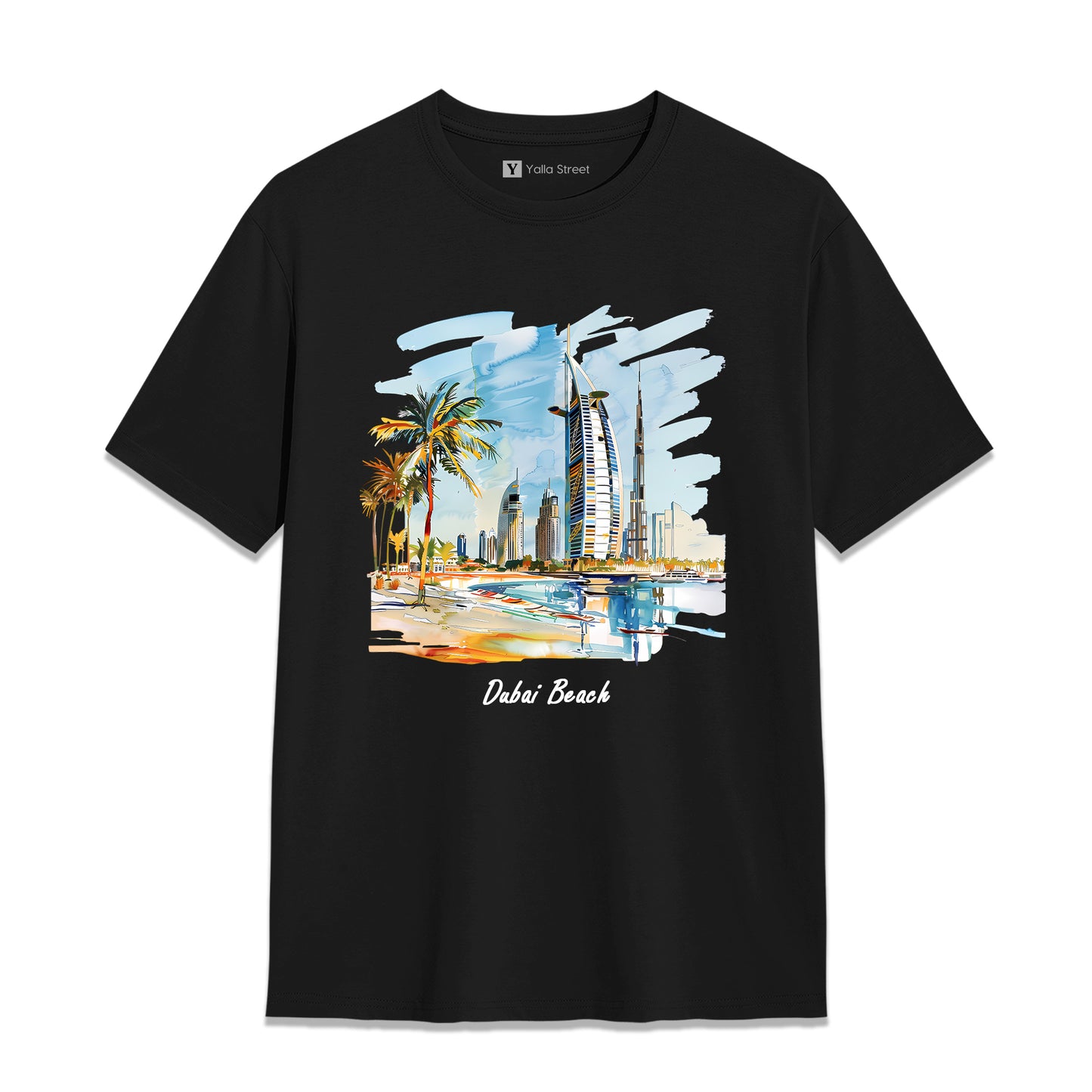 Dubai Beach Skyline T-Shirt – 100% Cotton Unisex Tee Artistic UAE Coastal Print