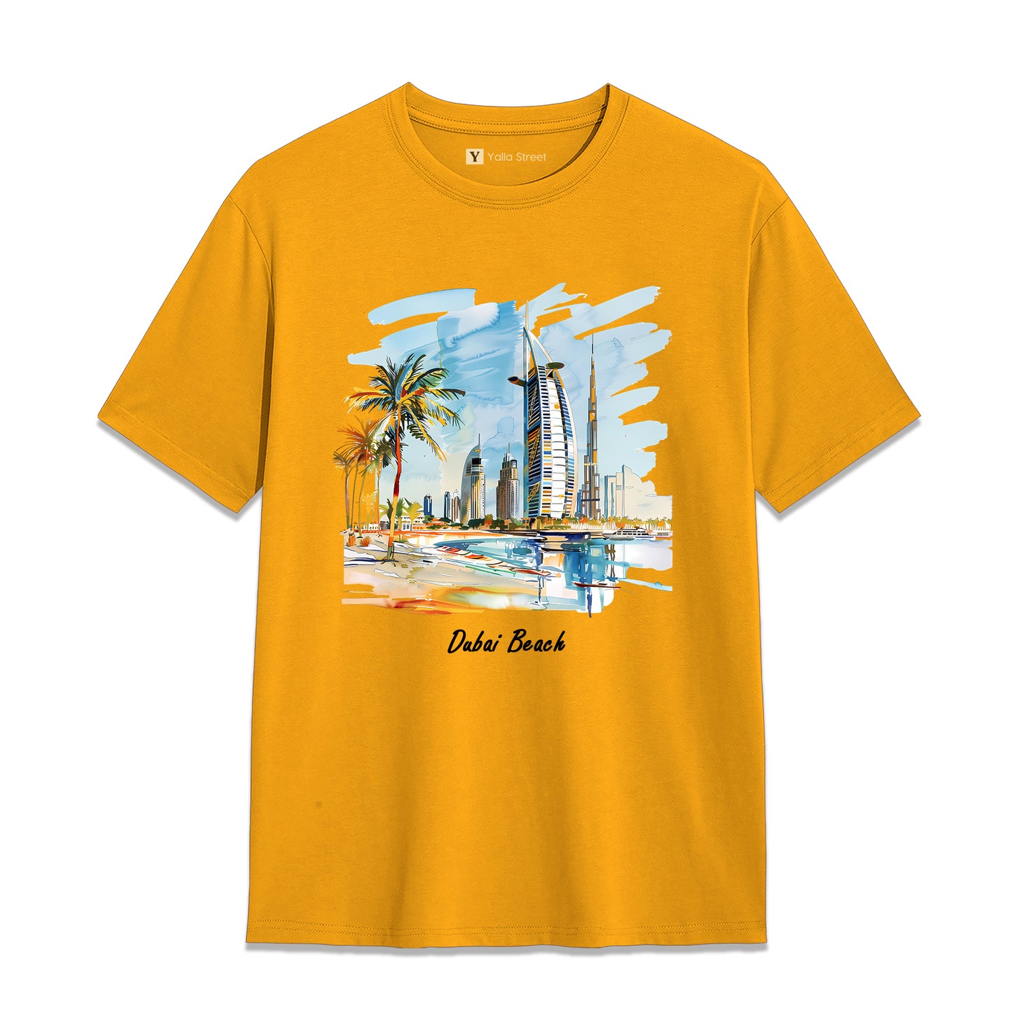 Dubai Beach Skyline T-Shirt – 100% Cotton Unisex Tee Artistic UAE Coastal Print