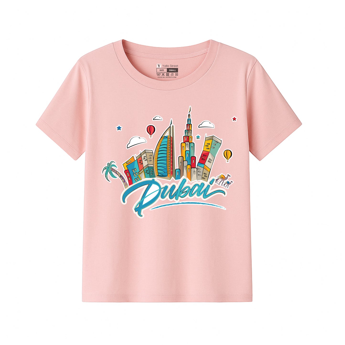 Dubai Cartoon Skyline Kids T-Shirt – Colorful City Graphic Tee Travel Souvenir