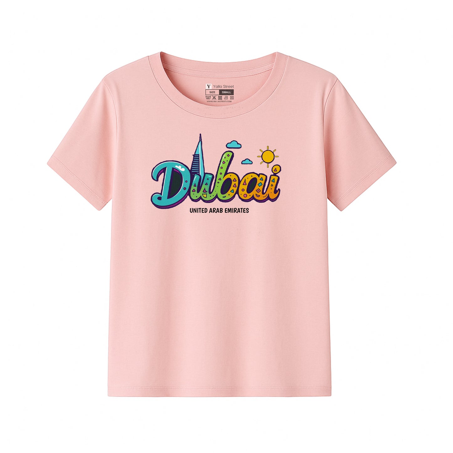 Dubai Kids T-Shirt – Colorful Skyline Text Design | UAE Souvenir Tee for Boys & Girls