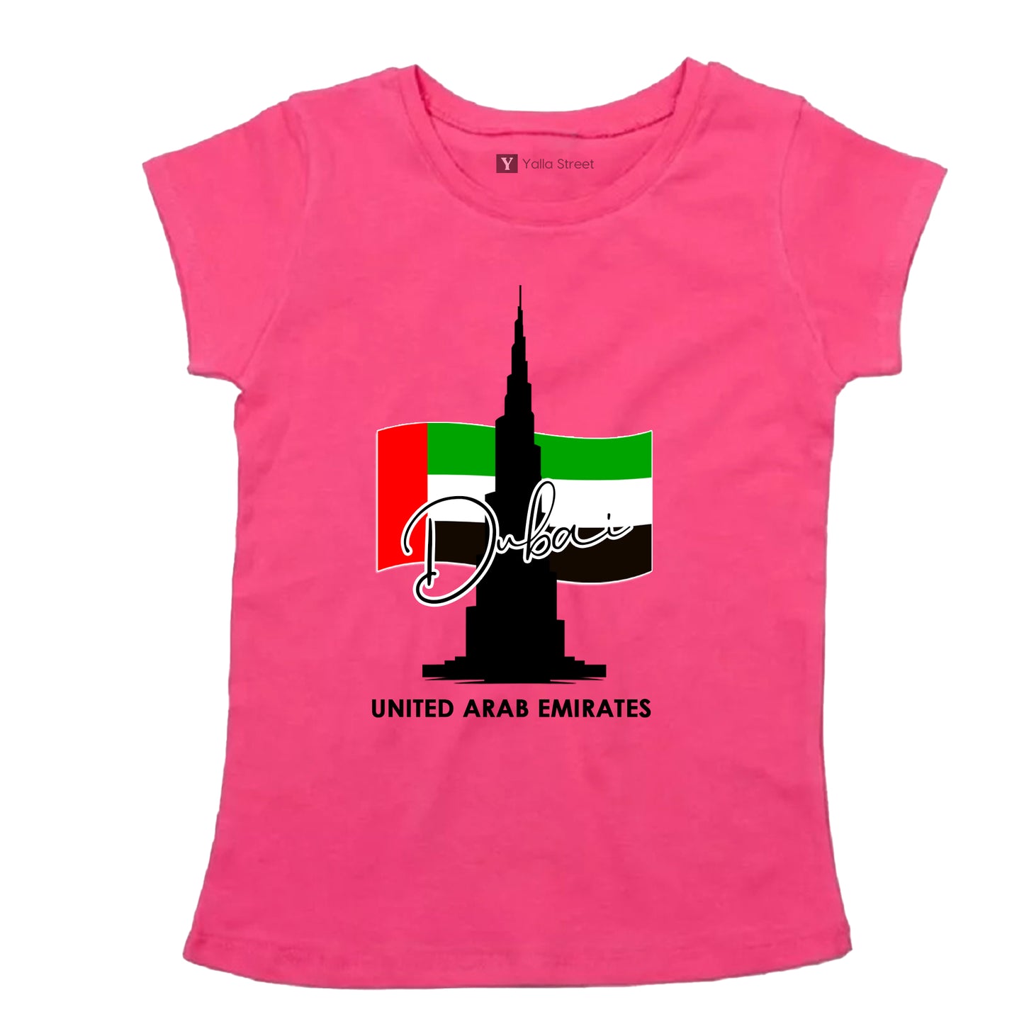 “Dubai Skyline & UAE Flag” Women’s T-Shirt – Burj Khalifa Graphic 100% Cotton