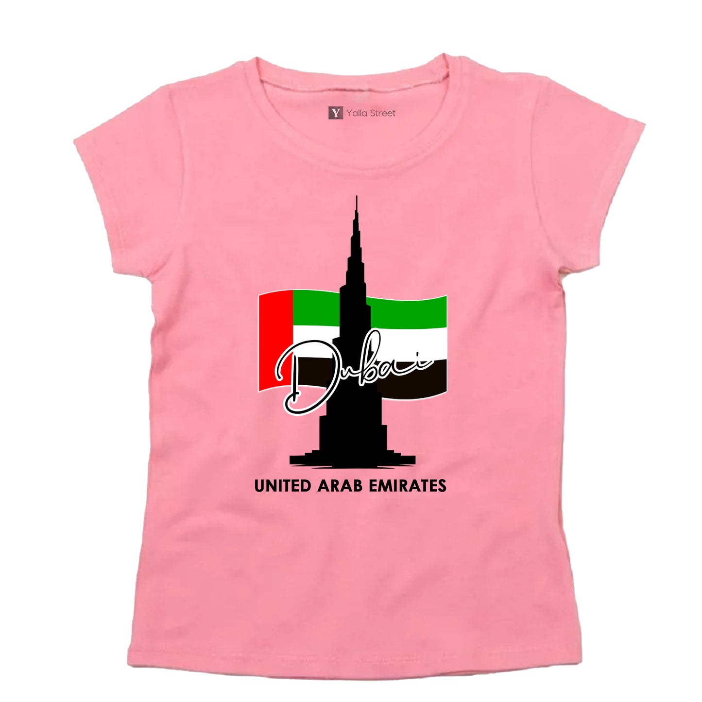 “Dubai Skyline & UAE Flag” Women’s T-Shirt – Burj Khalifa Graphic 100% Cotton
