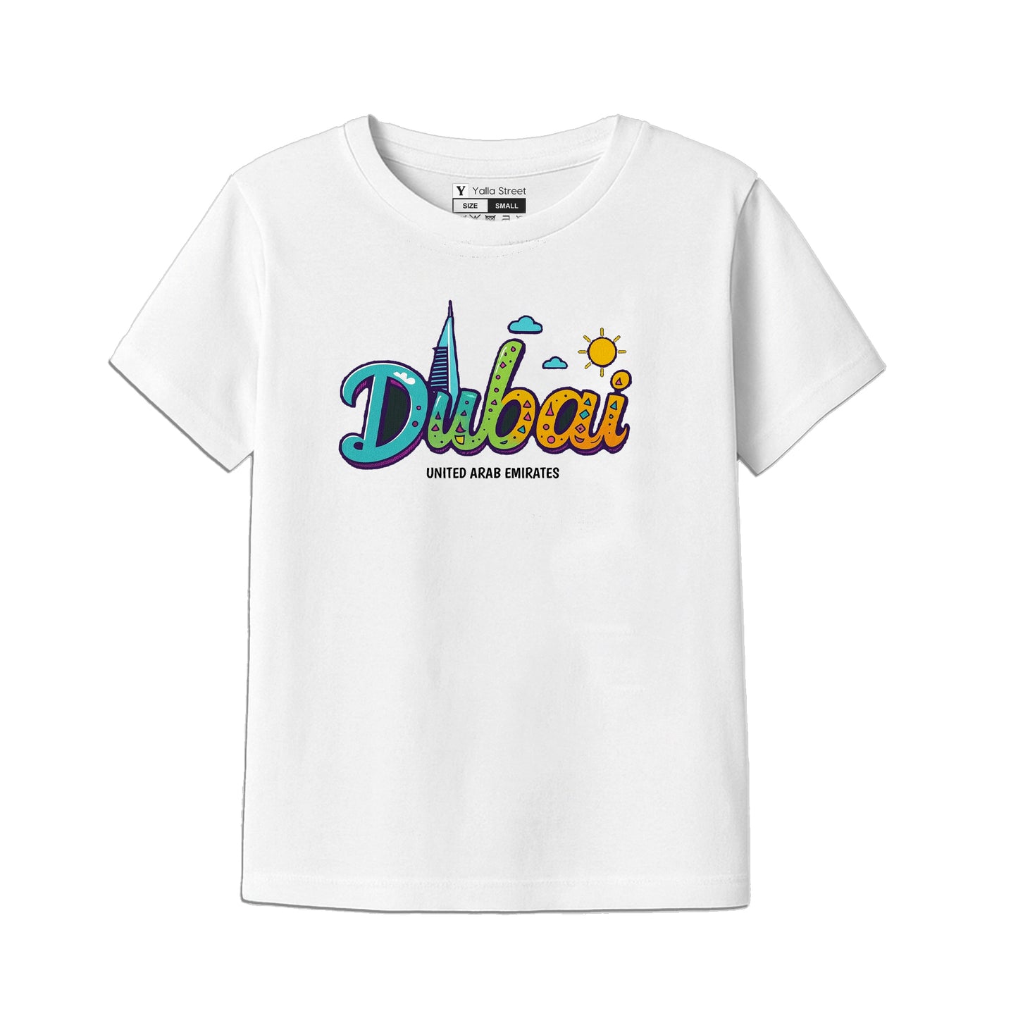 Dubai Kids T-Shirt – Colorful Skyline Text Design | UAE Souvenir Tee for Boys & Girls