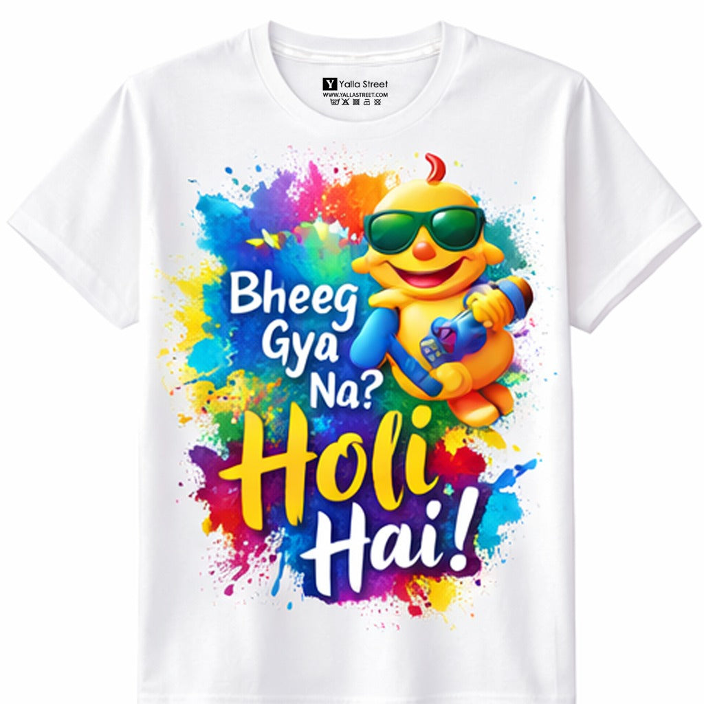 Bheeg Gya Na? Holi Hai T-Shirt – Funny Cartoon Kids Holi Festival Tee | Yalla Street