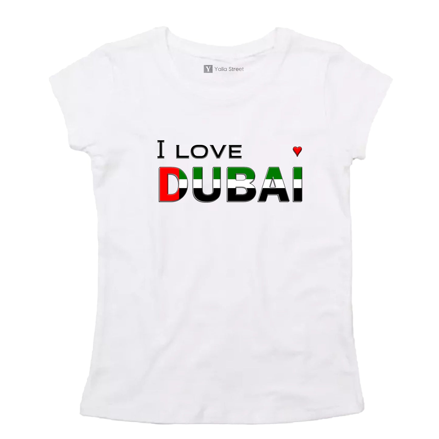 I Love Dubai T-Shirt – UAE Flag Colors Print White 100% Cotton Fitted Tee for Women