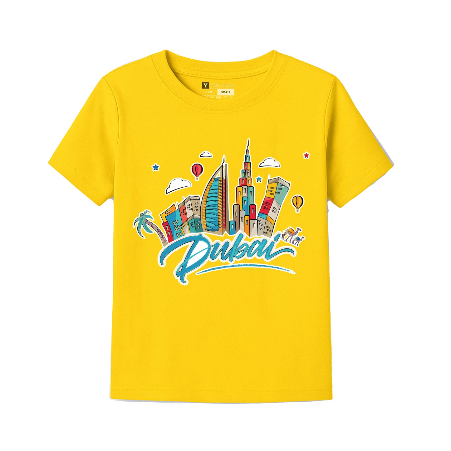 Dubai Cartoon Skyline Kids T-Shirt – Colorful City Graphic Tee Travel Souvenir