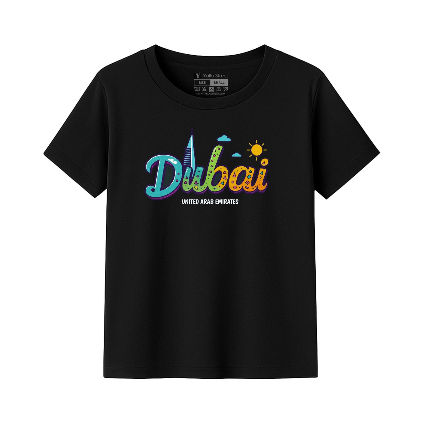 Dubai Kids T-Shirt – Colorful Skyline Text Design | UAE Souvenir Tee for Boys & Girls
