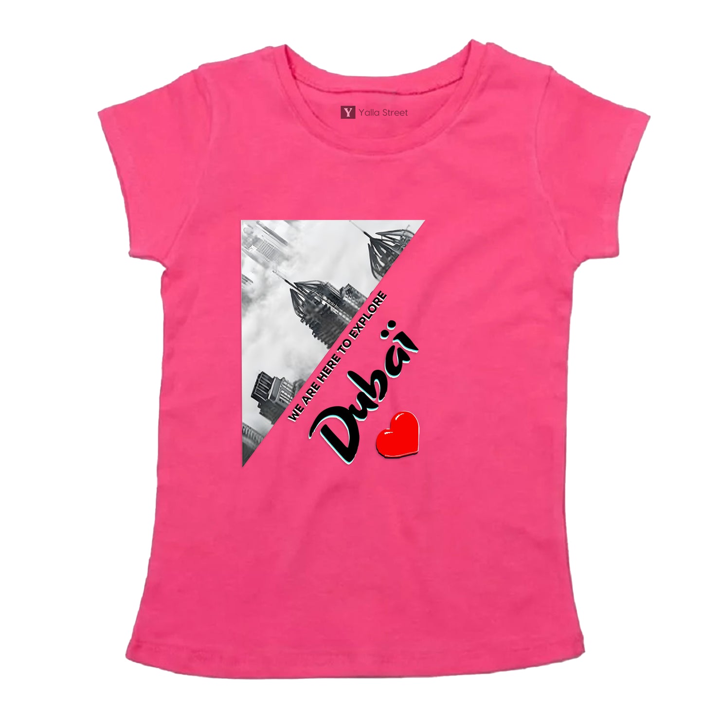 “Explore Dubai” Women’s Pink T-Shirt – Artistic Cityscape Design