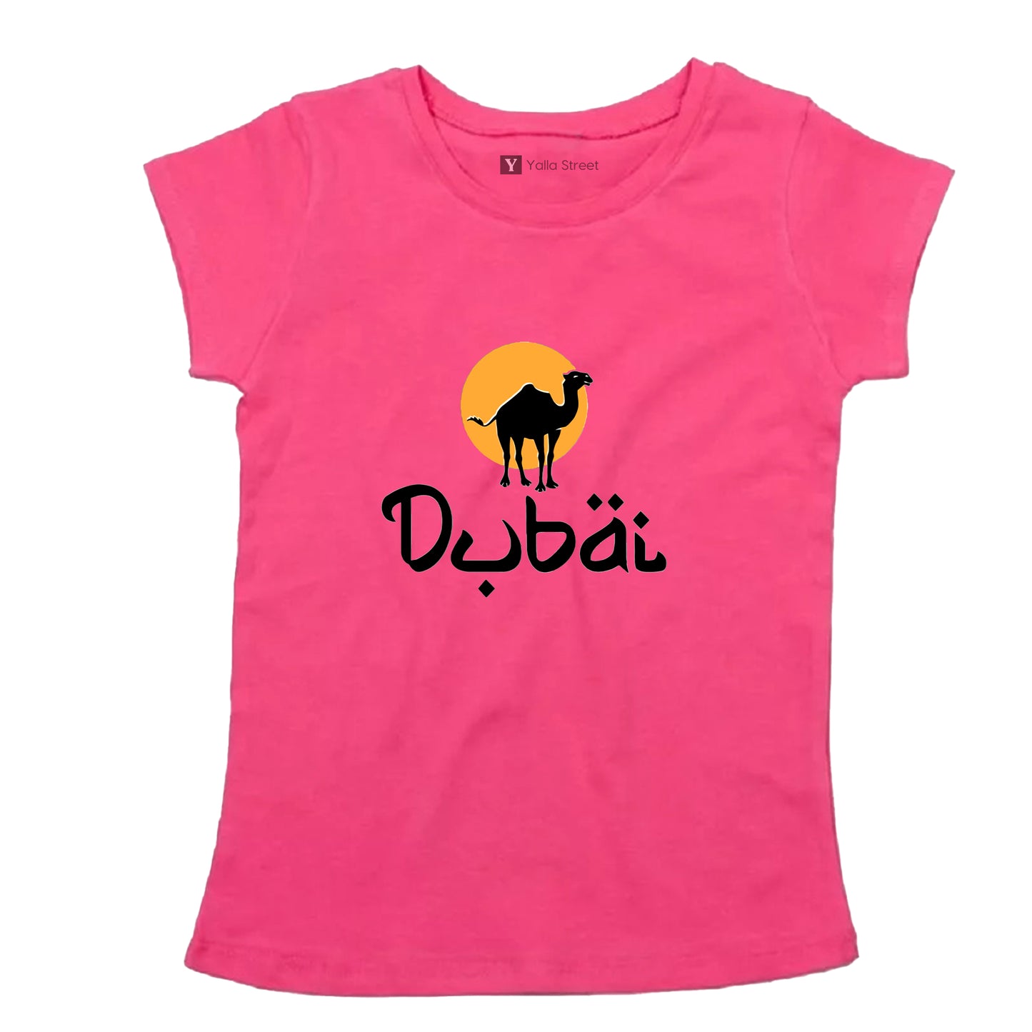 “Dubai Desert Vibes” Women’s T-Shirt – Camel & Sunset Graphic