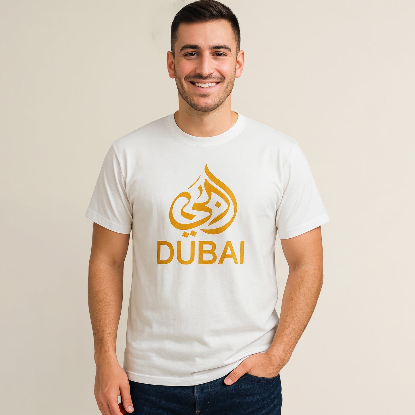Dubai Arabic Calligraphy T-Shirt Unisex Golden Arabic Logo 100% Cotton UAE Heritage Wear