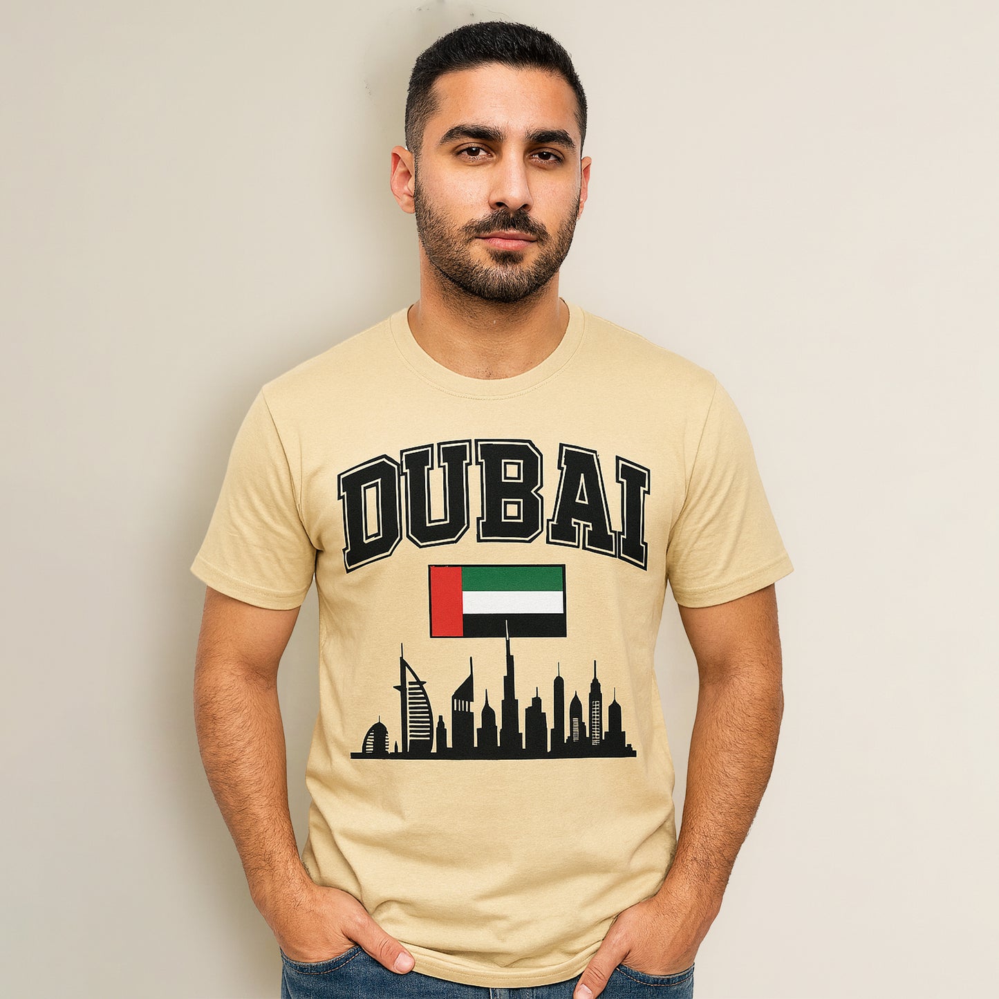 Dubai Skyline & Flag Varsity Style Men's T-Shirt 100% Cotton