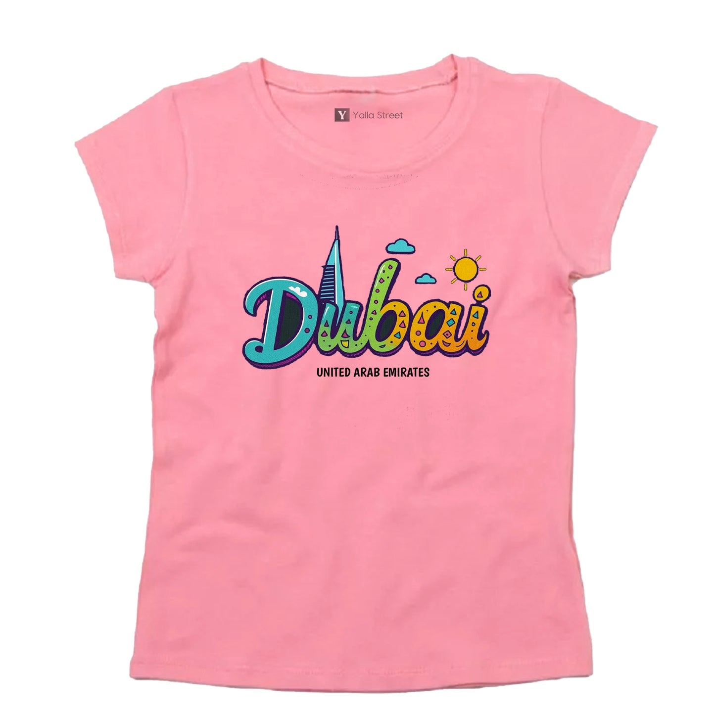 Colorful “Dubai” Women’s T-Shirt – UAE Skyline Graphic 100% Cotton