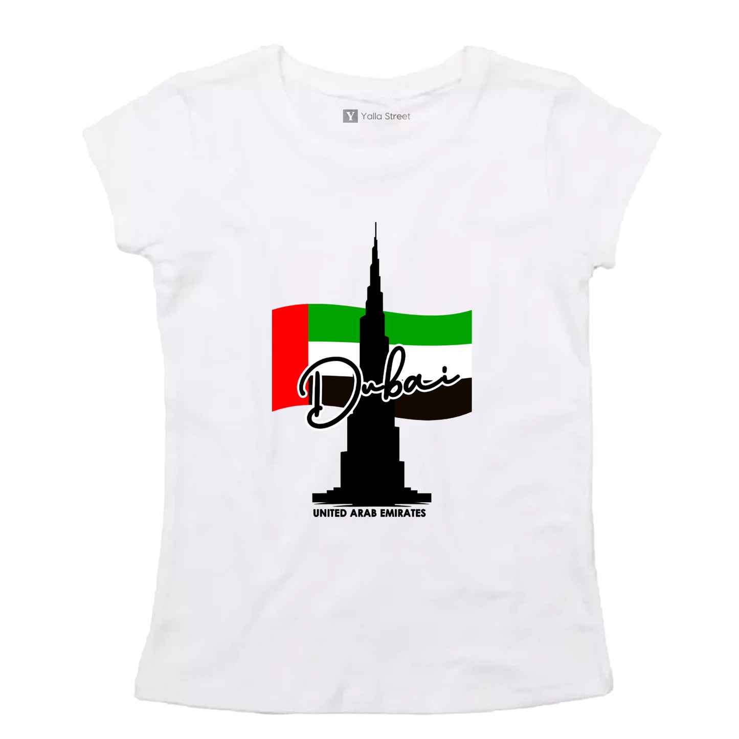 “Dubai Skyline & UAE Flag” Women’s T-Shirt – Burj Khalifa Graphic 100% Cotton