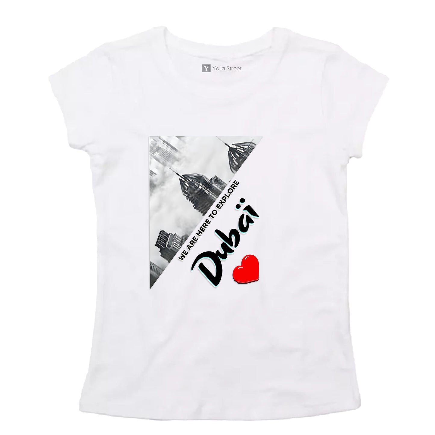 “Explore Dubai” Women’s Pink T-Shirt – Artistic Cityscape Design