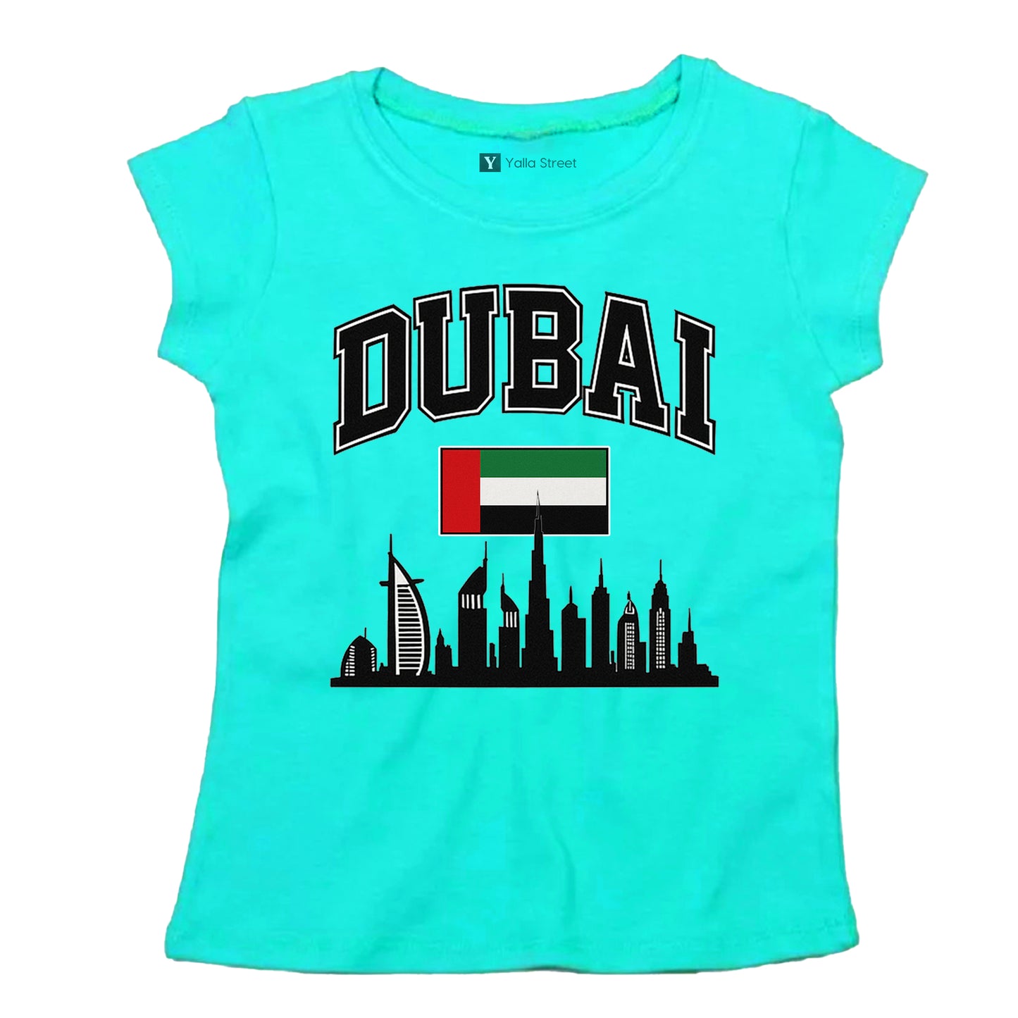 Dubai Skyline & Flag Women’s T-Shirt – Varsity Style | 100% Cotton