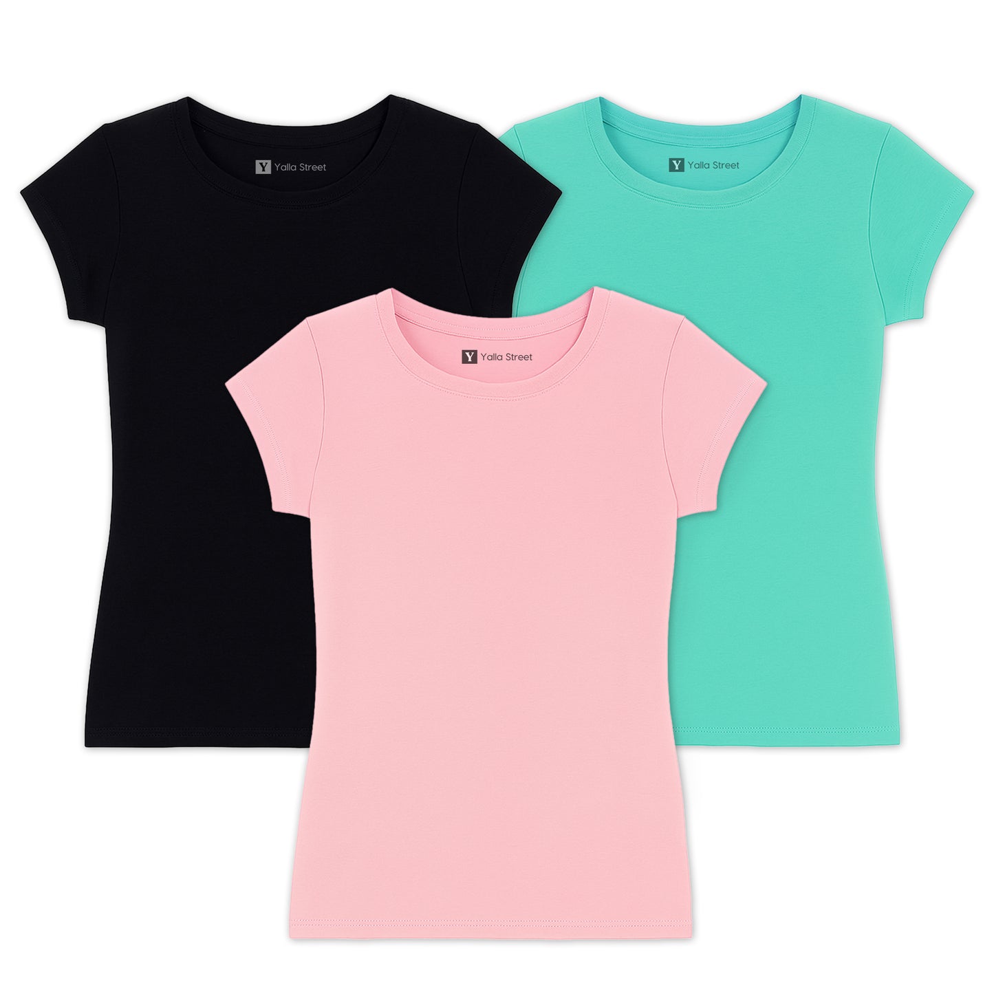 Women’s Plain Cotton T-Shirt Pack of 3 – Black, Pink & Mint | Soft Slim Fit Ladies Basic Crew Neck Tee Set