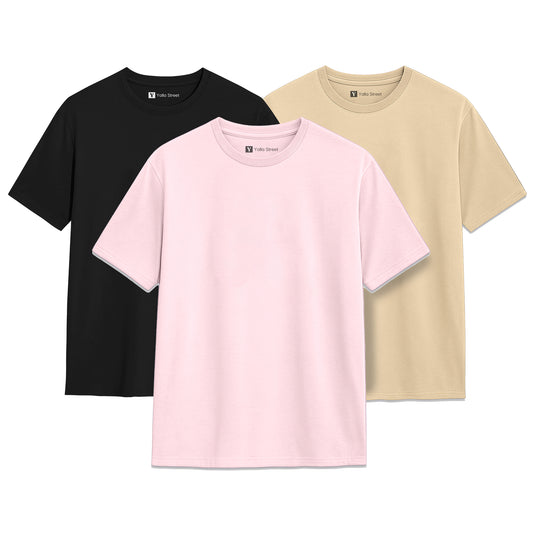 Pack of 3 Plain Cotton T-Shirts - Men's Collection Black, Beige, Light Pink  Premium Tees