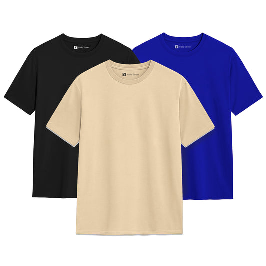 Pack of 3 Plain Cotton T-Shirts – Men's Black, Blue, Beige Premium Tee