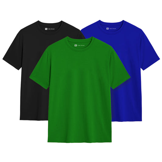 Pack of 3 Plain Cotton T-Shirts – Men's Black, Blue, Green Premium Tee