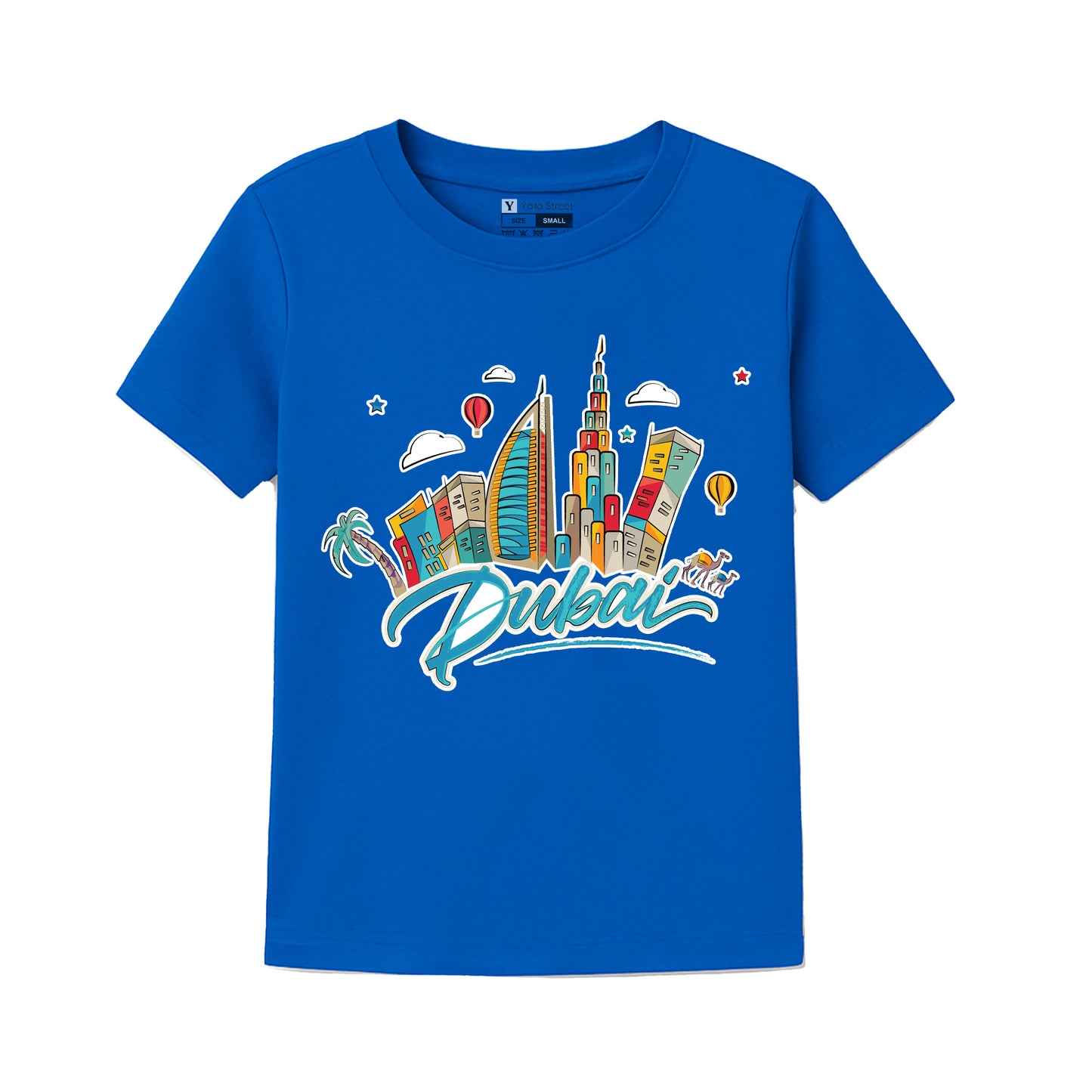 Dubai Cartoon Skyline Kids T-Shirt – Colorful City Graphic Tee Travel Souvenir