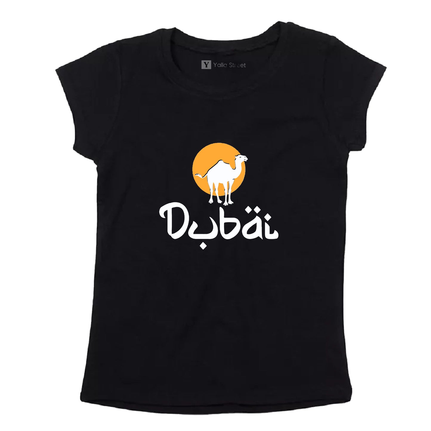 “Dubai Desert Vibes” Women’s T-Shirt – Camel & Sunset Graphic