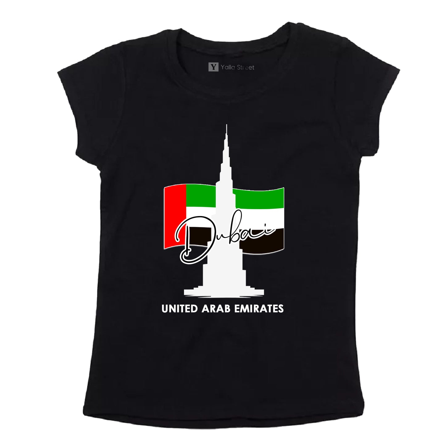 “Dubai Skyline & UAE Flag” Women’s T-Shirt – Burj Khalifa Graphic 100% Cotton