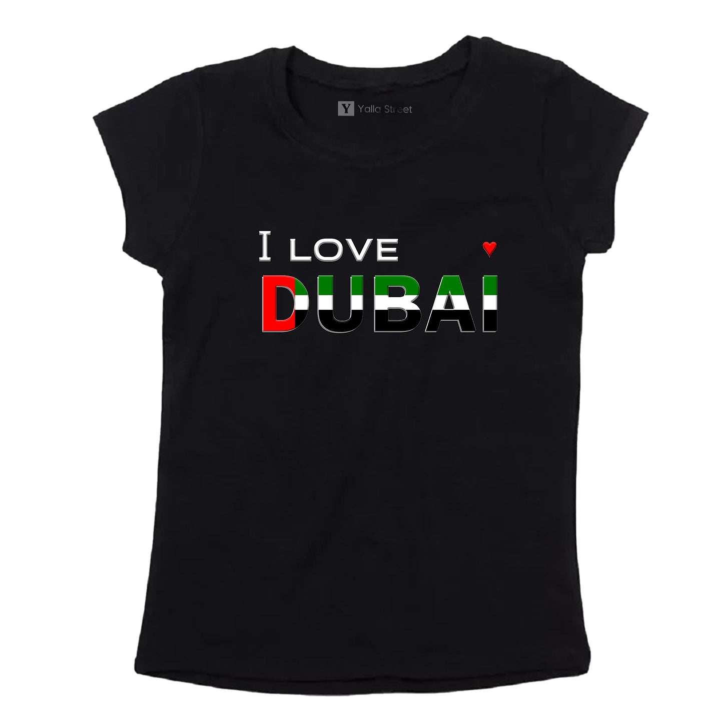 I Love Dubai T-Shirt – UAE Flag Colors Print White 100% Cotton Fitted Tee for Women