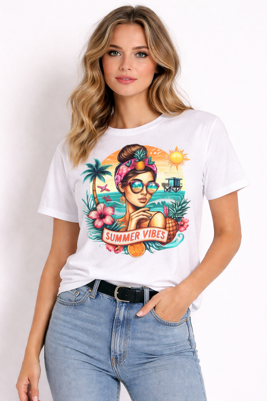 Summer Vibes Graphic T-Shirt – Tropical Beach Print | Unisex Premium Cotton Tee