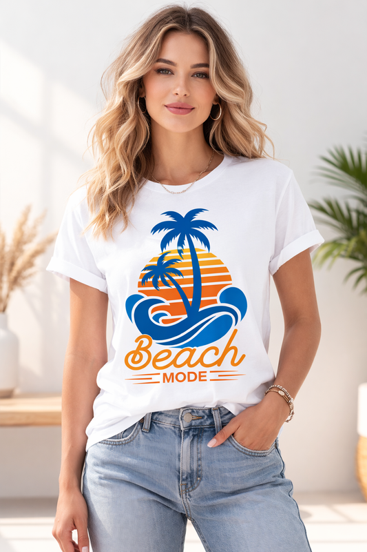 Beach Mode Graphic T-Shirt – Tropical Palm Sunset Print | Unisex White Summer Tee  ☀️ Description: