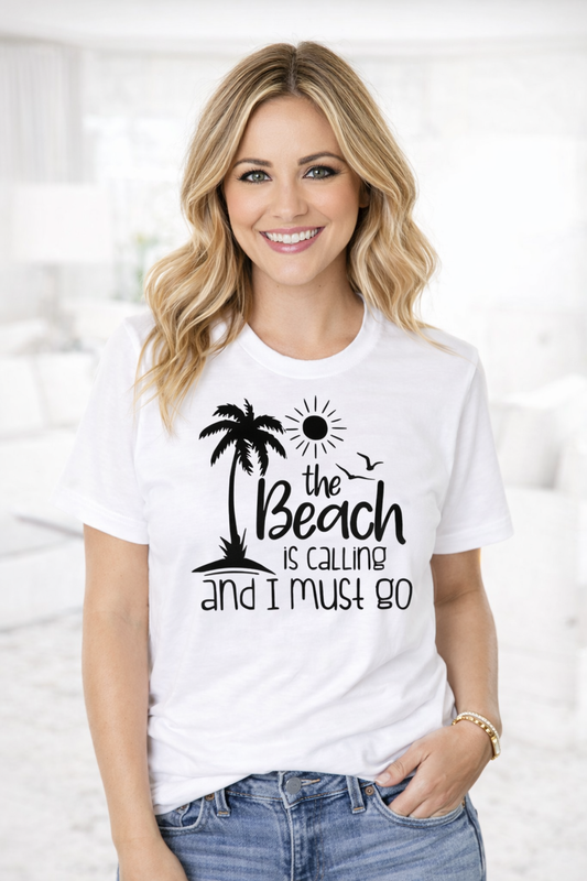The Beach Is Calling – Summer Vibes Graphic T-Shirt (Women’s White)