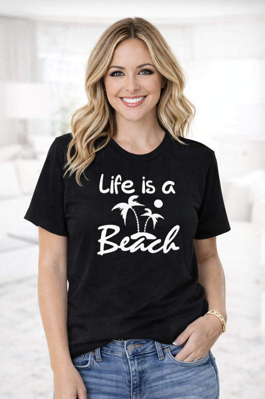Life Is a Beach Graphic T-Shirt – Women’s Black Summer Statement Tee