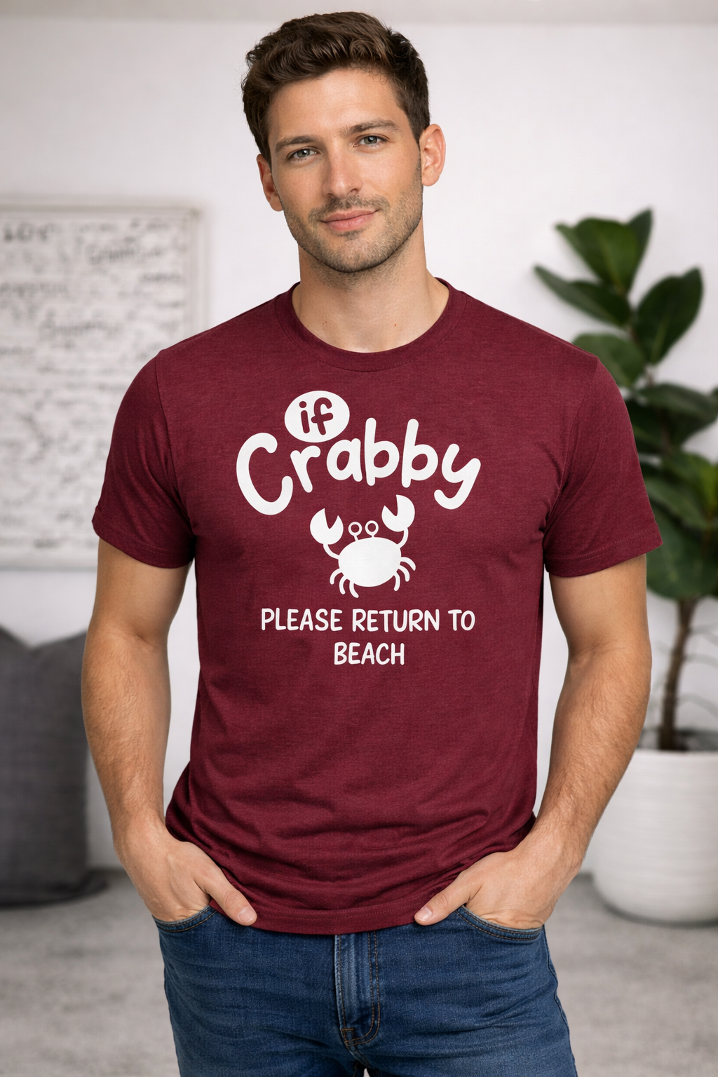 If Crabby Please Return to Beach T-Shirt – Maroon Funny Summer Graphic Unisex Tee