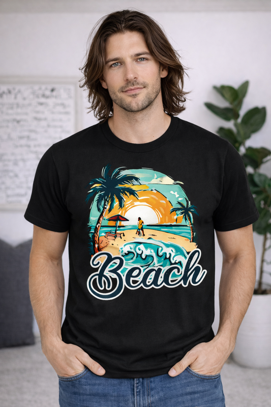 Beach Sunset Graphic T-Shirt – Unisex Black Tropical Summer Tee