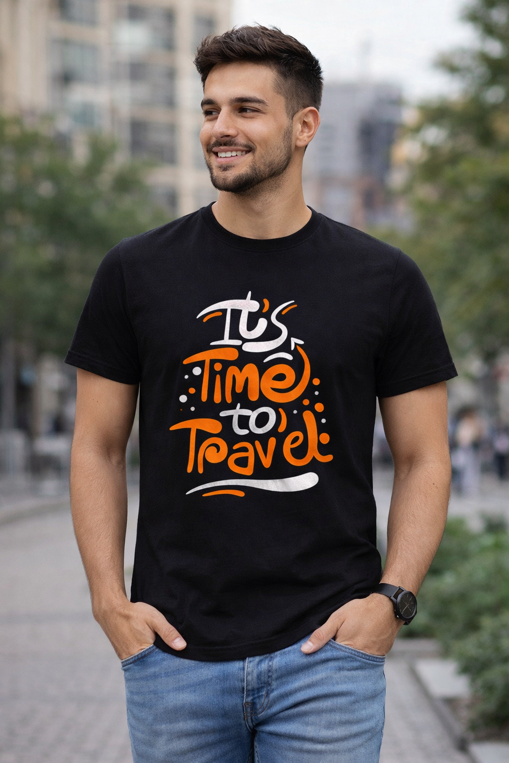 It’s Time to Travel – Black Graphic Unisex T-Shirt | Yalla Street