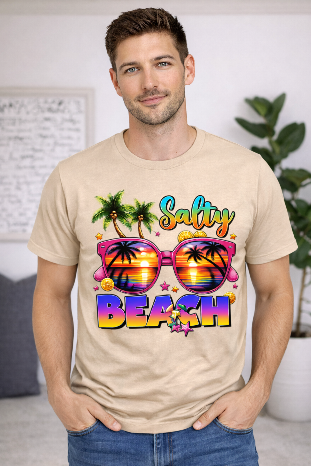 Salty Beach Graphic T-Shirt – Beige Tropical Sunset Unisex Summer Tee | Yalla Street