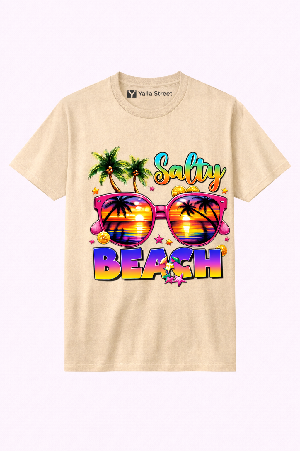 Salty Beach Graphic T-Shirt – Beige Tropical Sunset Unisex Summer Tee | Yalla Street