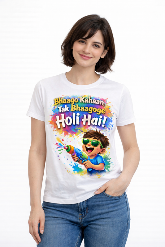 Bhaago Kahaan Tak Bhaagoge – Holi Hai! T-Shirt | Fun Holi Festival Tee for Women – Yalla Street