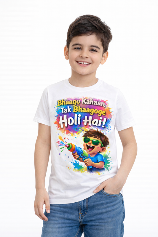 Kids “Bhaago Kahaan Tak Bhaagoge – Holi Hai!” T-Shirt | Fun Holi Festival Tee for Boys & Girls – YallaStreet