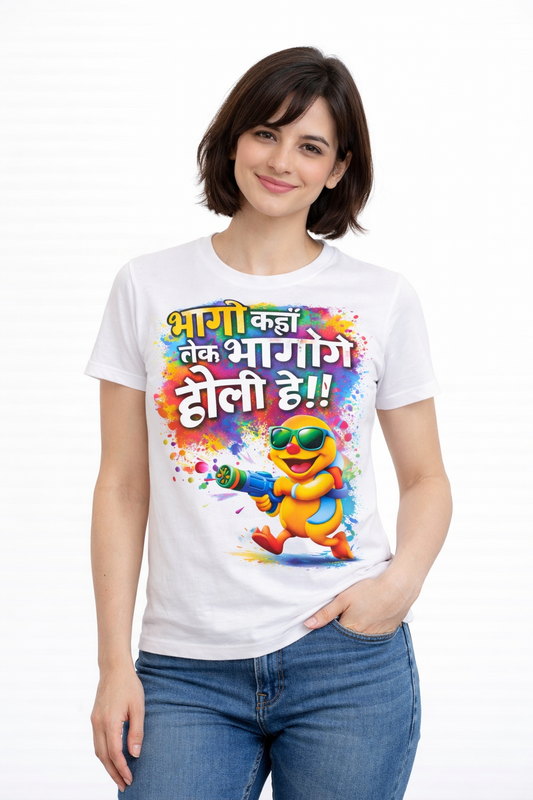 Bhaago Kahaan Tak Bhaagoge – Women Holi T-Shirt | Fun Cartoon Color Splash Tee for Women – Yalla Street