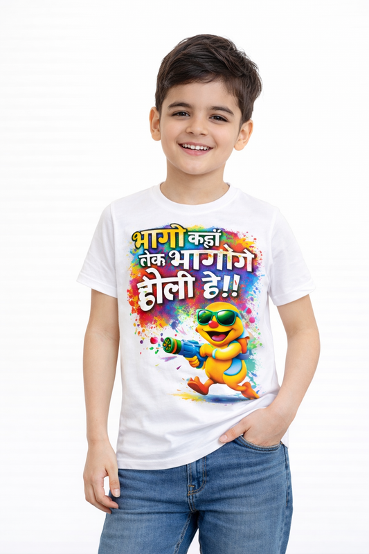 Bhaago Kahaan Tak Bhaagoge – Kids Holi T-Shirt | Fun Cartoon Color Splash Tee for Boys & Girls – Yalla Street