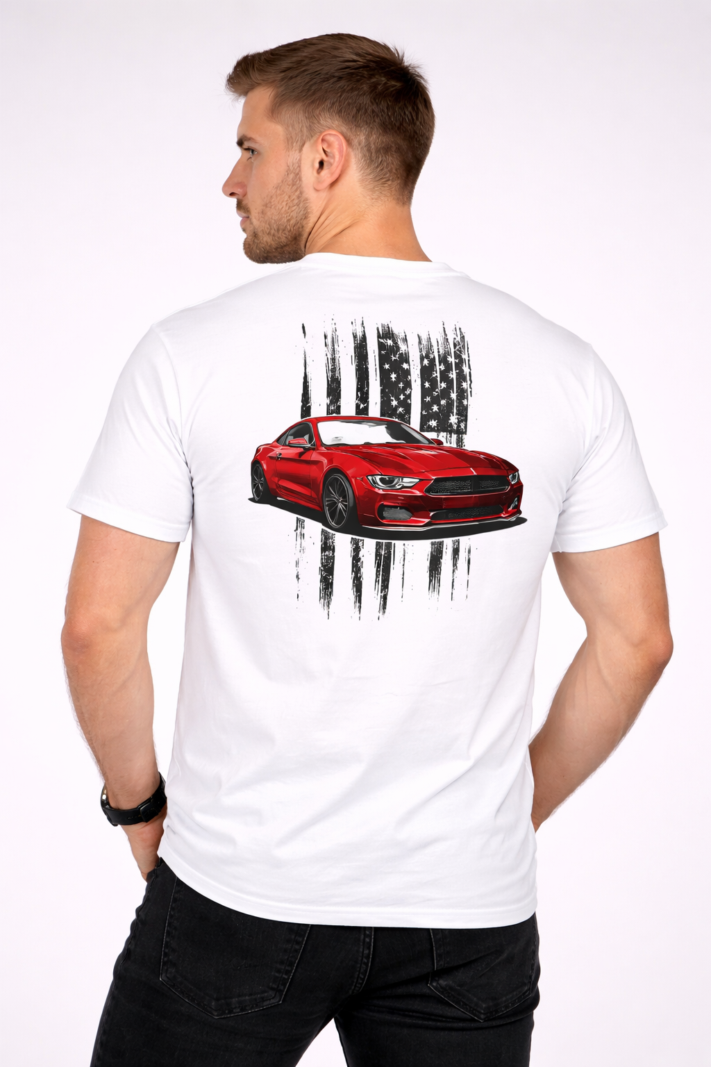 Mustang Car Graphic Unisex T-Shirt – White Tee with Red Car & Black Flag Back Print