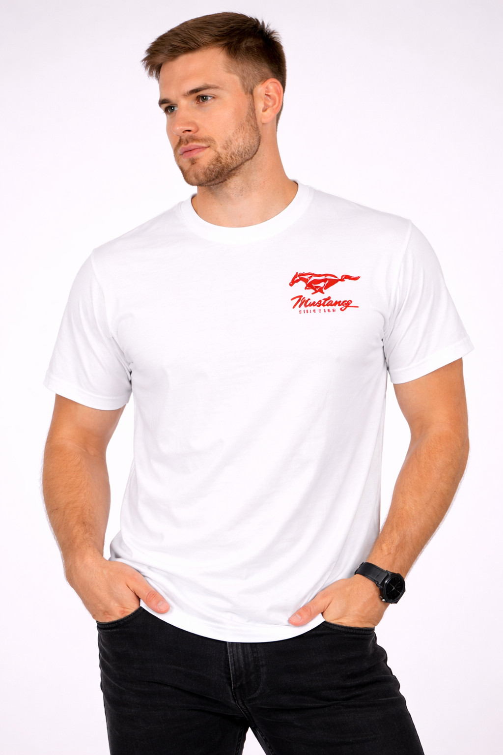 Mustang Car Graphic Unisex T-Shirt – White Tee with Red Car & Black Flag Back Print