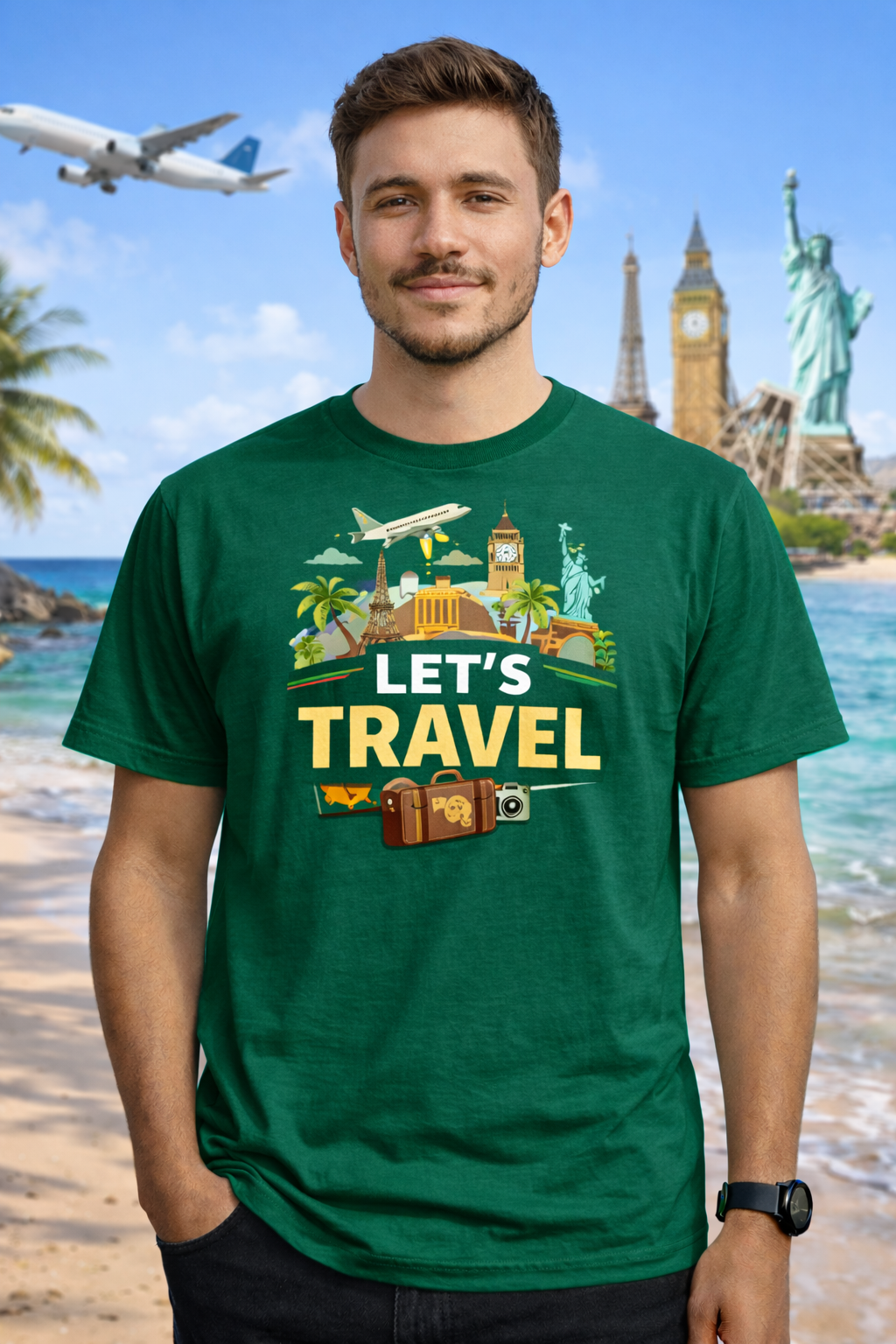 Dark Green “Let’s Travel” Graphic Unisex T-Shirt | Yalla Street Travel Collection