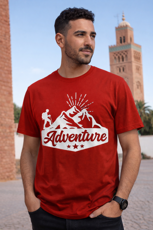 Red “Adventure” Graphic Unisex T-Shirt | Mountain Hiking Design | Yalla Street